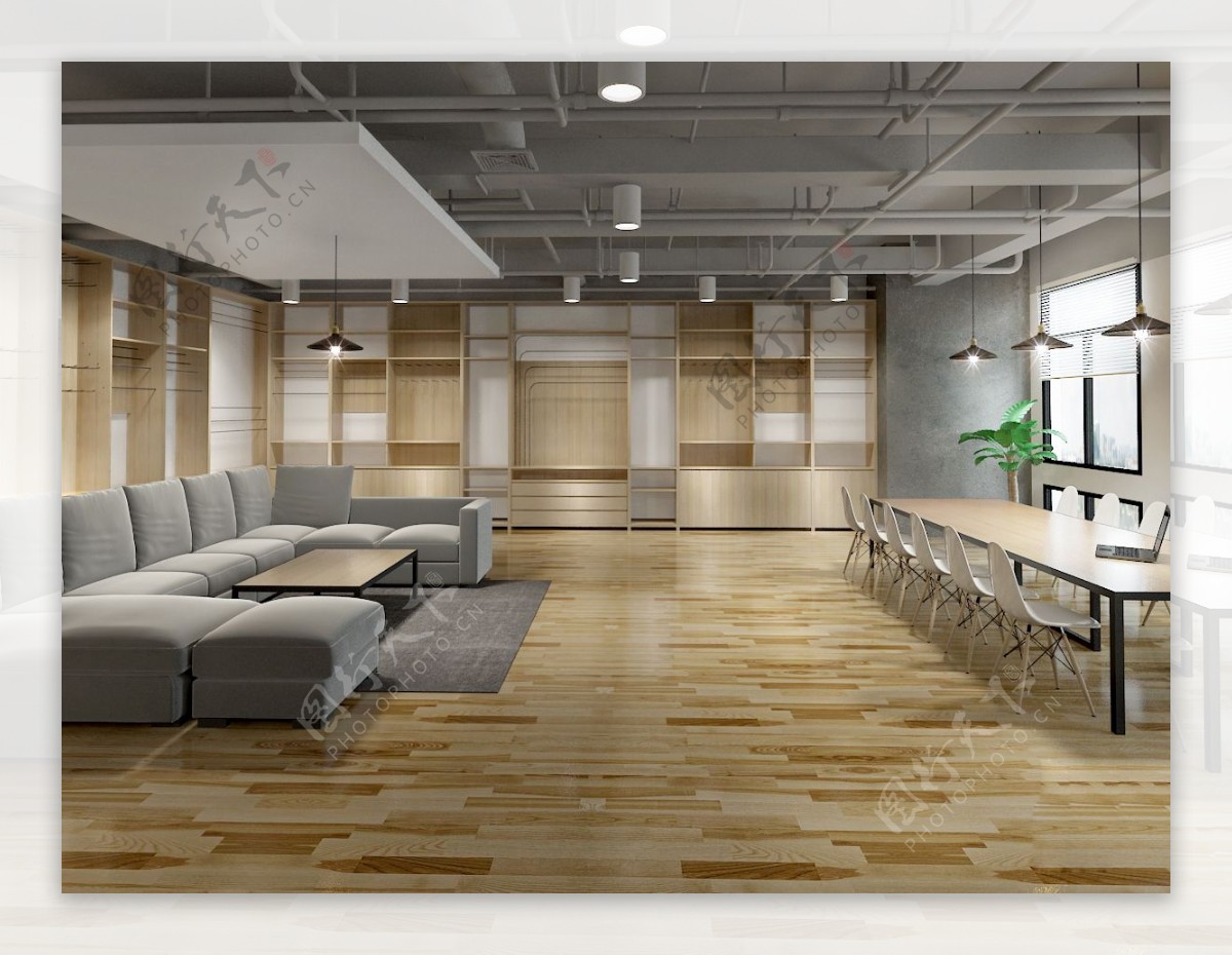 现代清新办公室木地板工装装修效果图
