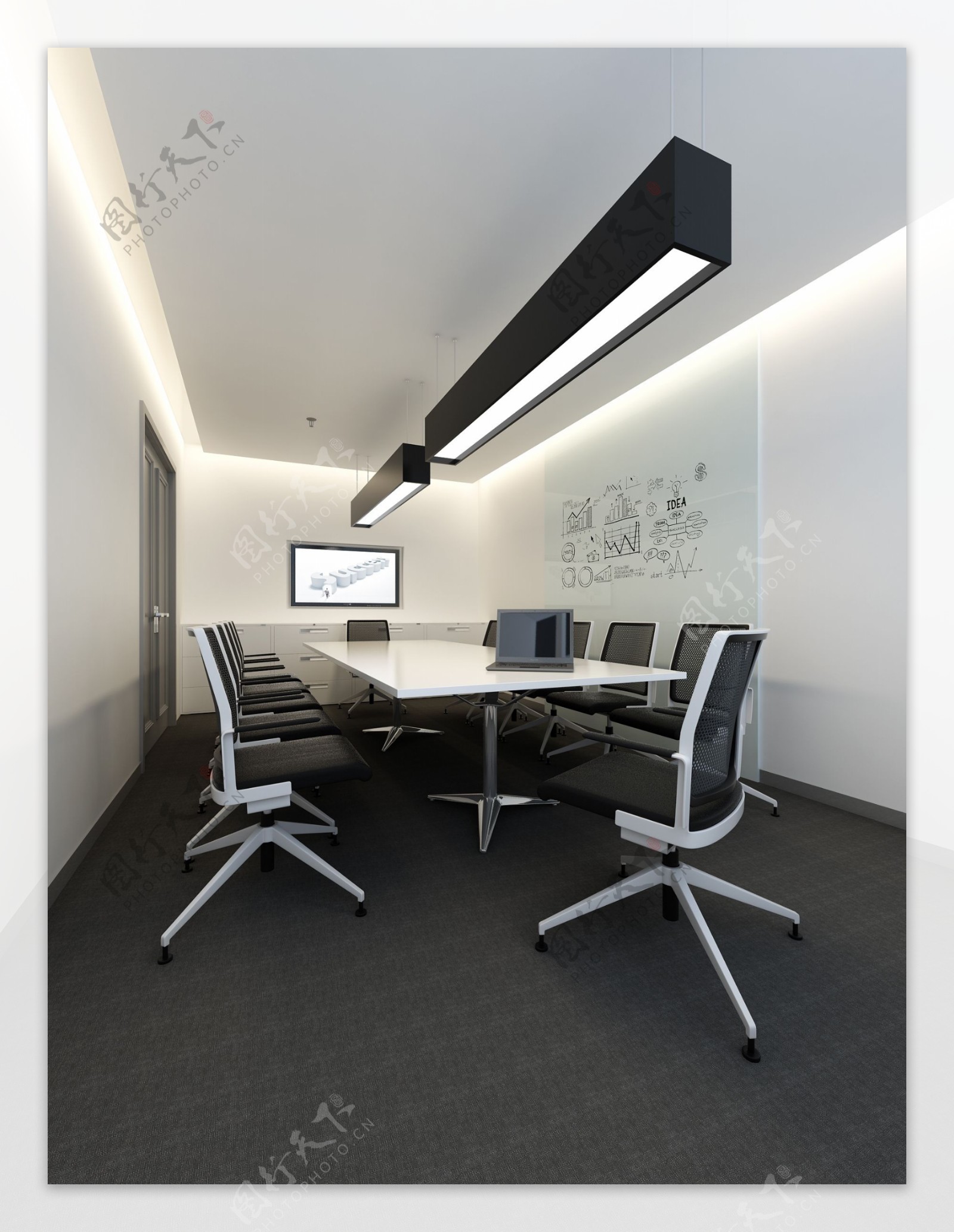 现代简约时尚黑色长吊灯办公室工装效果图