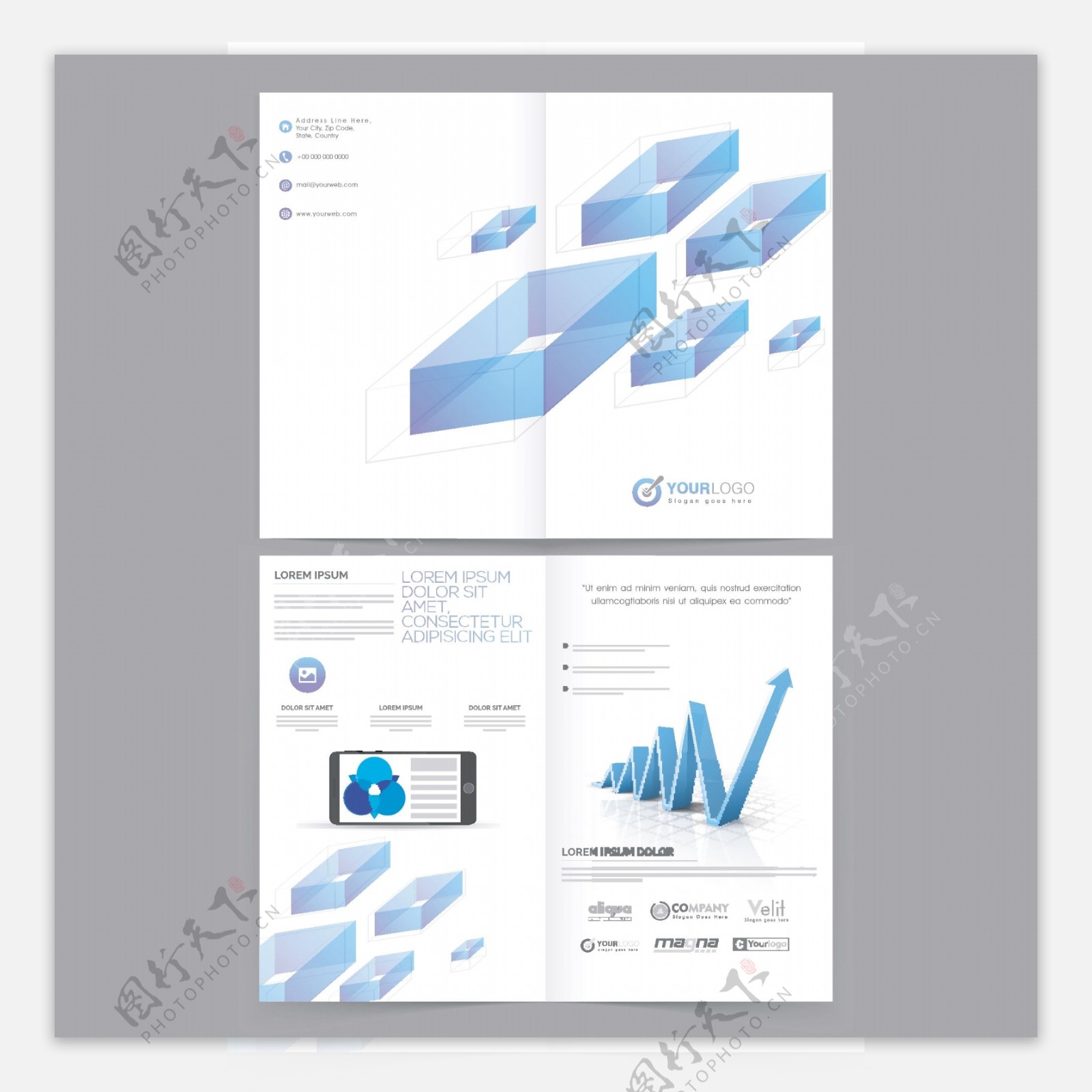 企业年度报告的小册子蓝色抽象的几何元素和图表增长箭公司模板布局