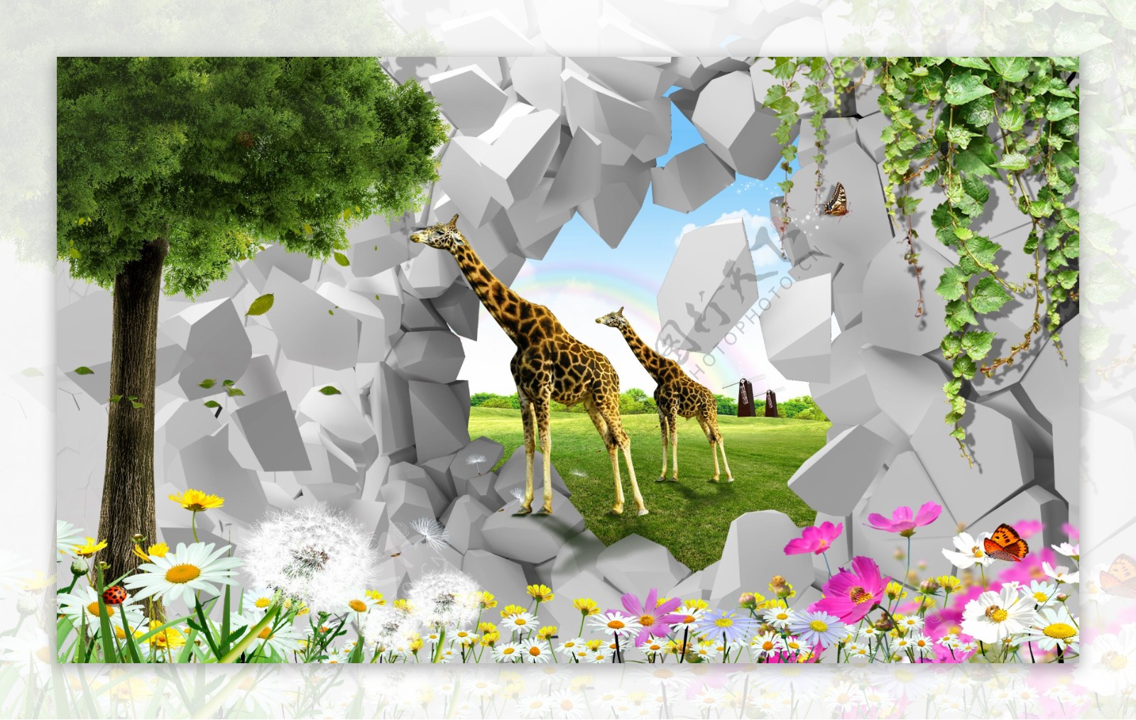 3D立体梦幻长颈鹿背景墙壁画墙画