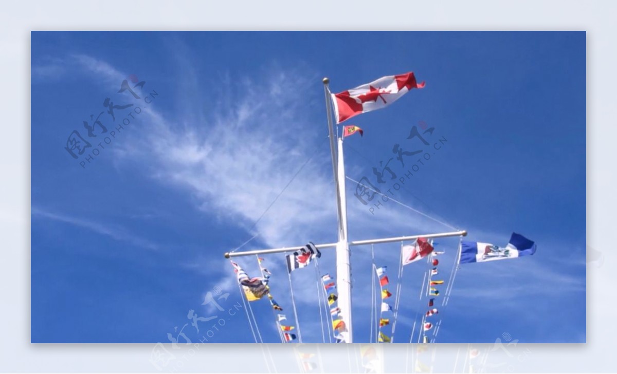 蓝天下迎风飞舞的多国国旗视频实拍