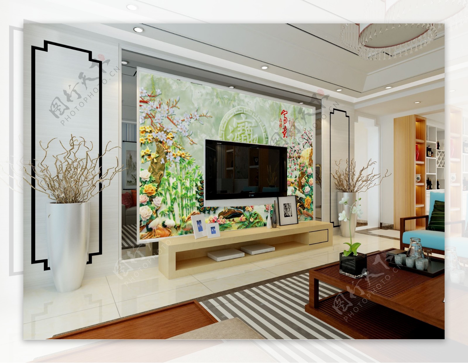 高清新中式风格电视背景墙
