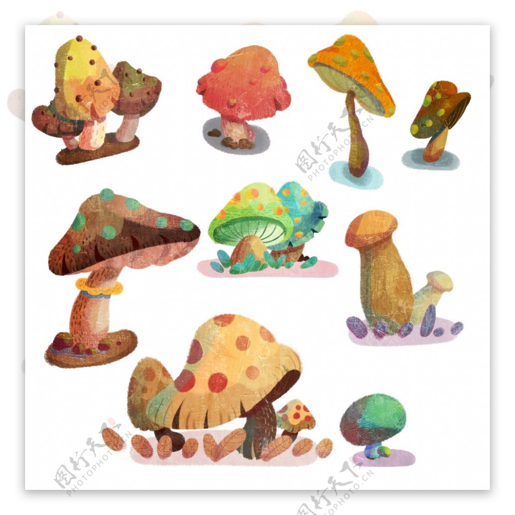一组手绘蘑菇设计素材