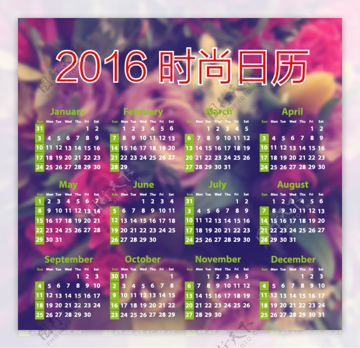 2016时尚绿色日历