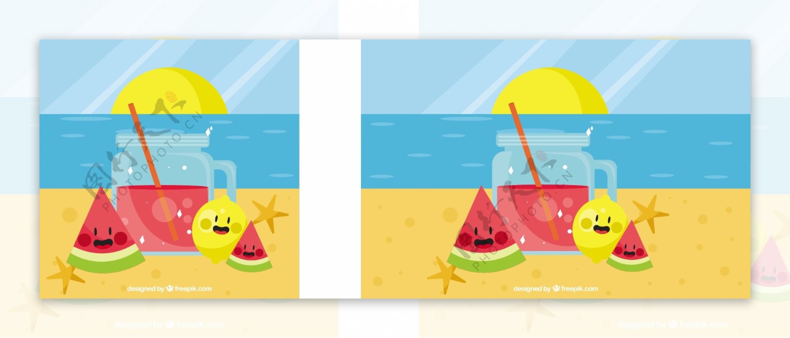 海滩背景果汁和美味的水果