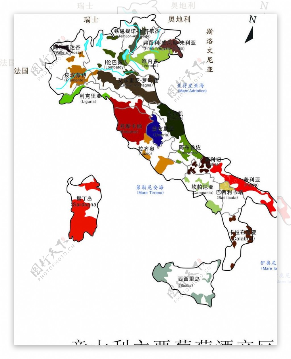 意大利葡萄酒产区矢量图