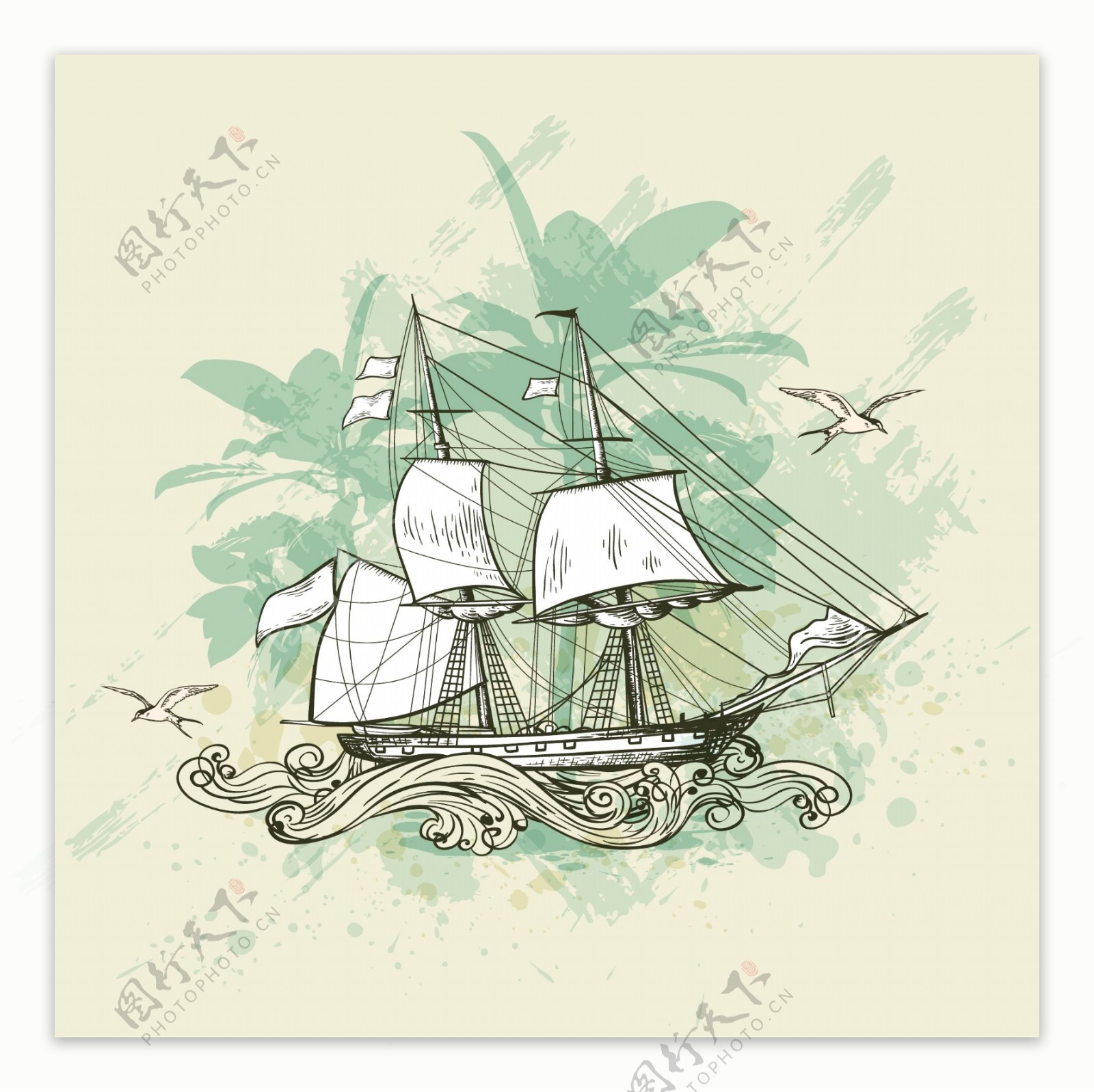 手绘复古古代的帆船
