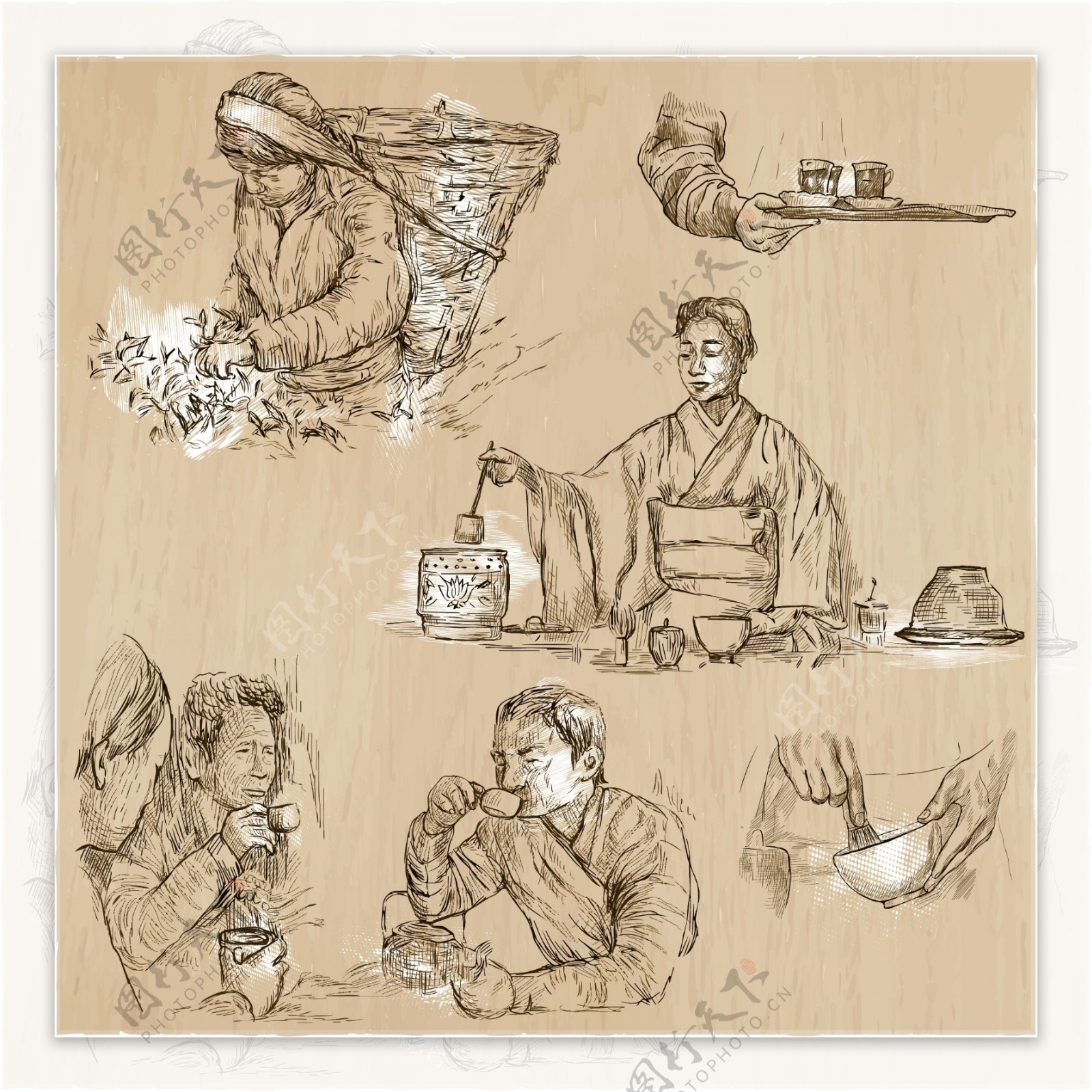 手绘品茶的人物插画