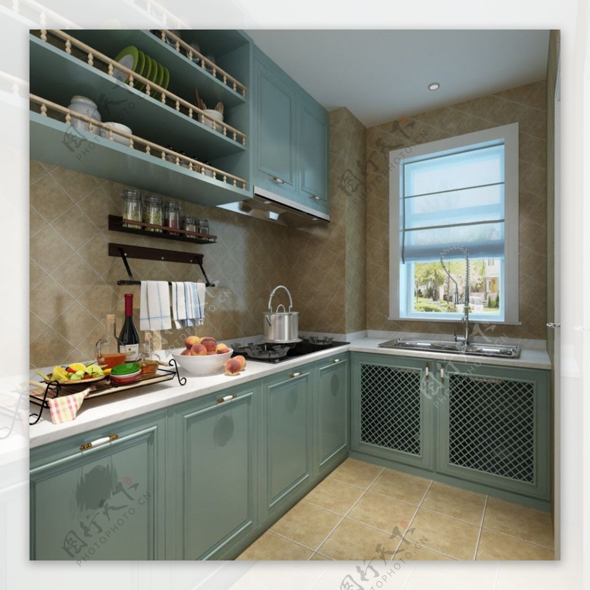地中海风格厨房整体橱柜地砖装修效果图
