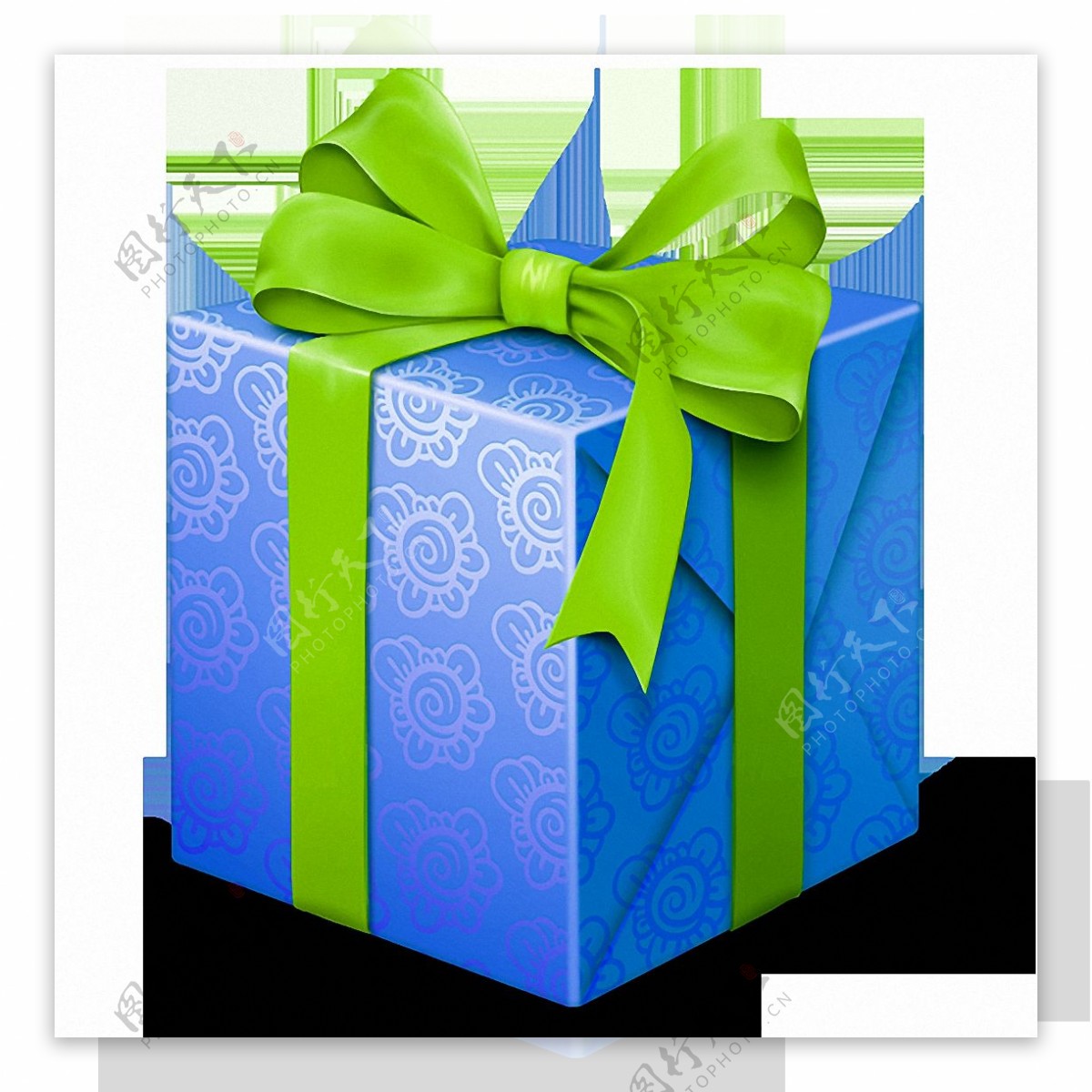 绿带子蓝色礼品盒免抠png透明图层素材