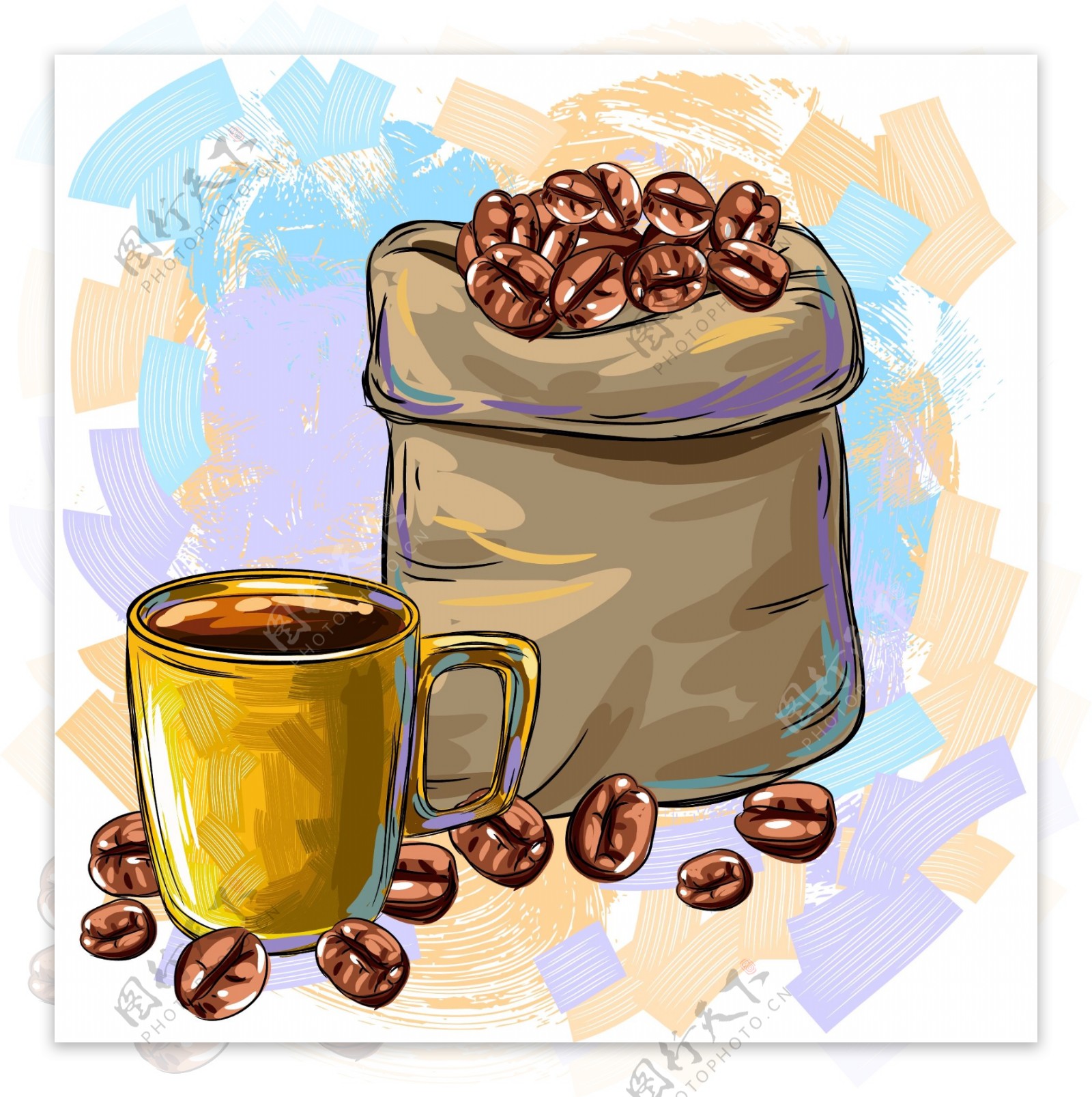 手绘彩绘咖啡豆插画