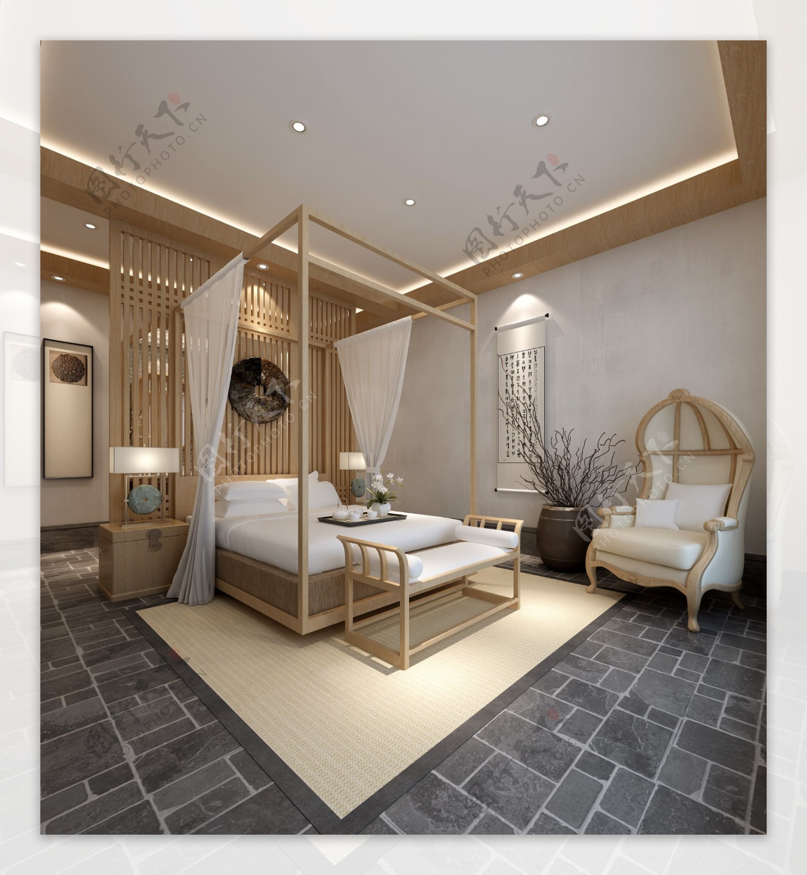 美式风格三居室经济型卧室床效果图_齐家网装修效果图
