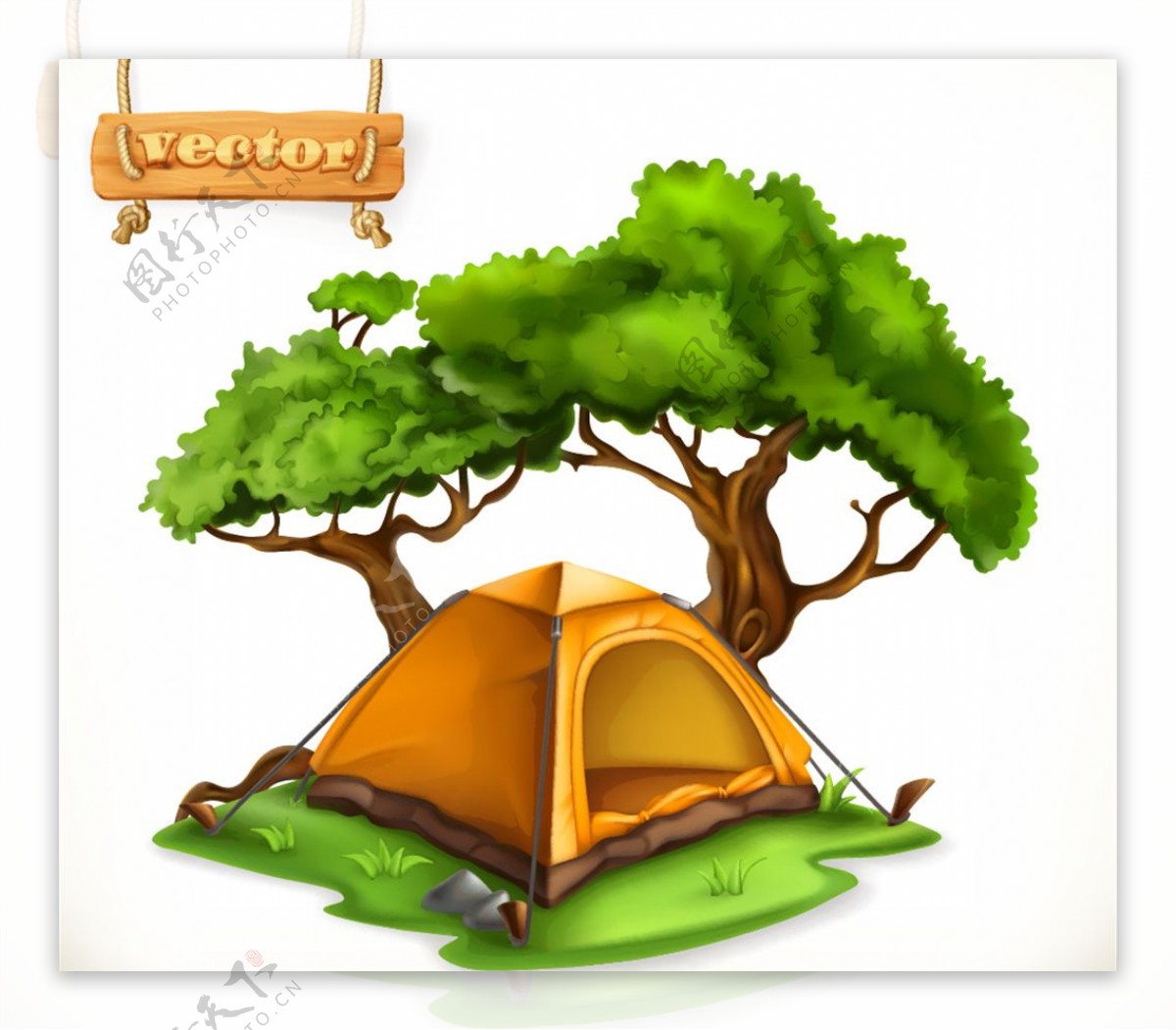 草地上的帐篷和大树矢量素材