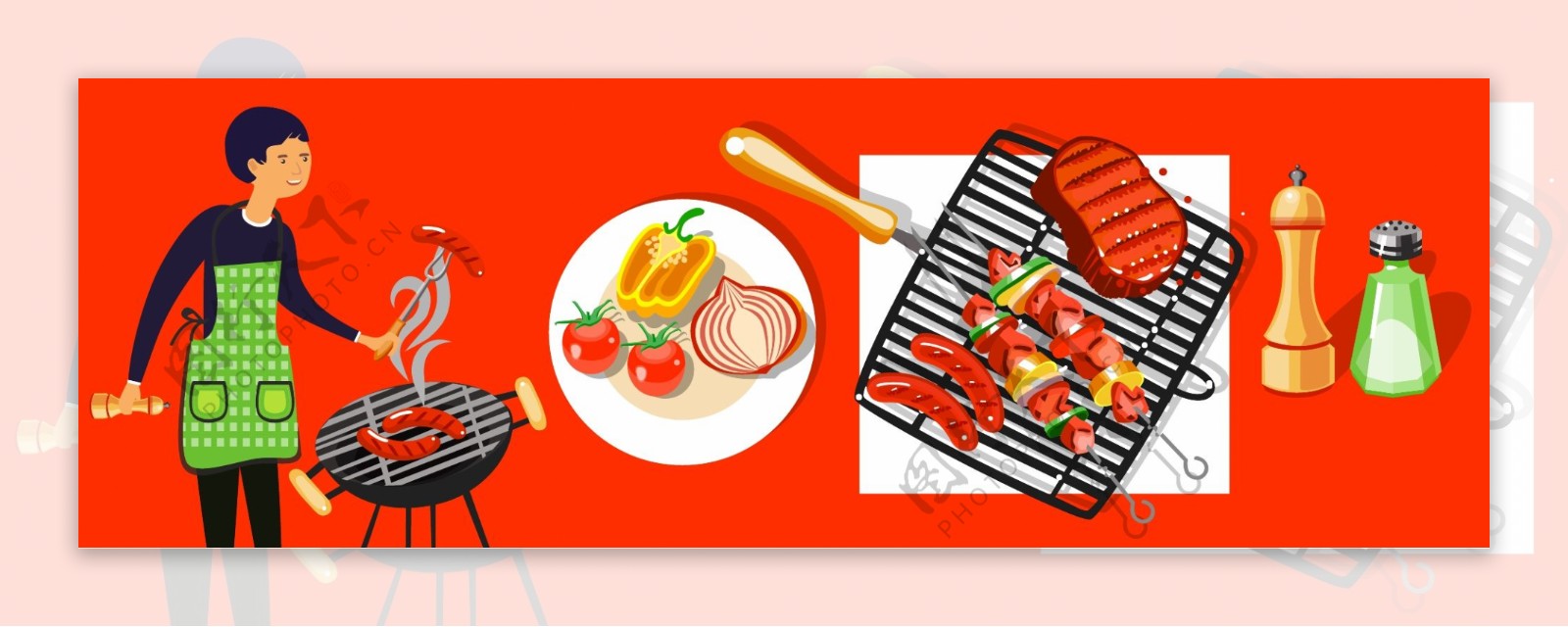 淘宝美食矢量卡通烧烤厨师调料西红柿海报
