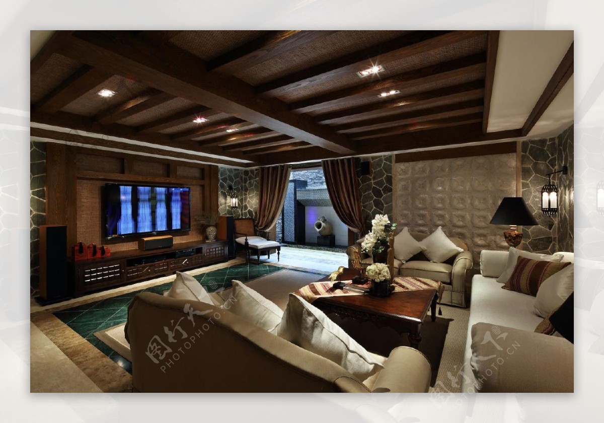 新中式时尚客厅白色实木沙发室内装修效果图