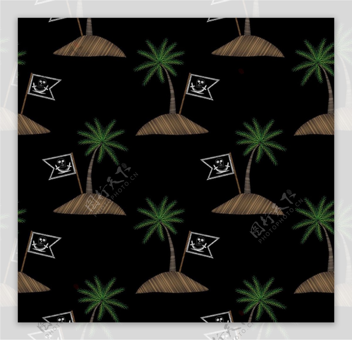 椰子树海盗旗绣花效果矢量图