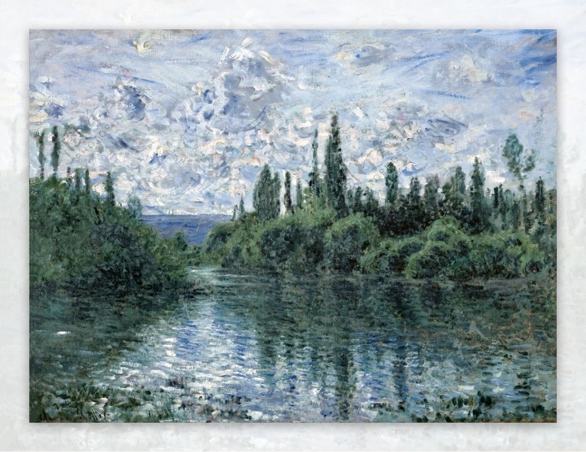 美丽湖边树林倒影风景油画背景墙素材