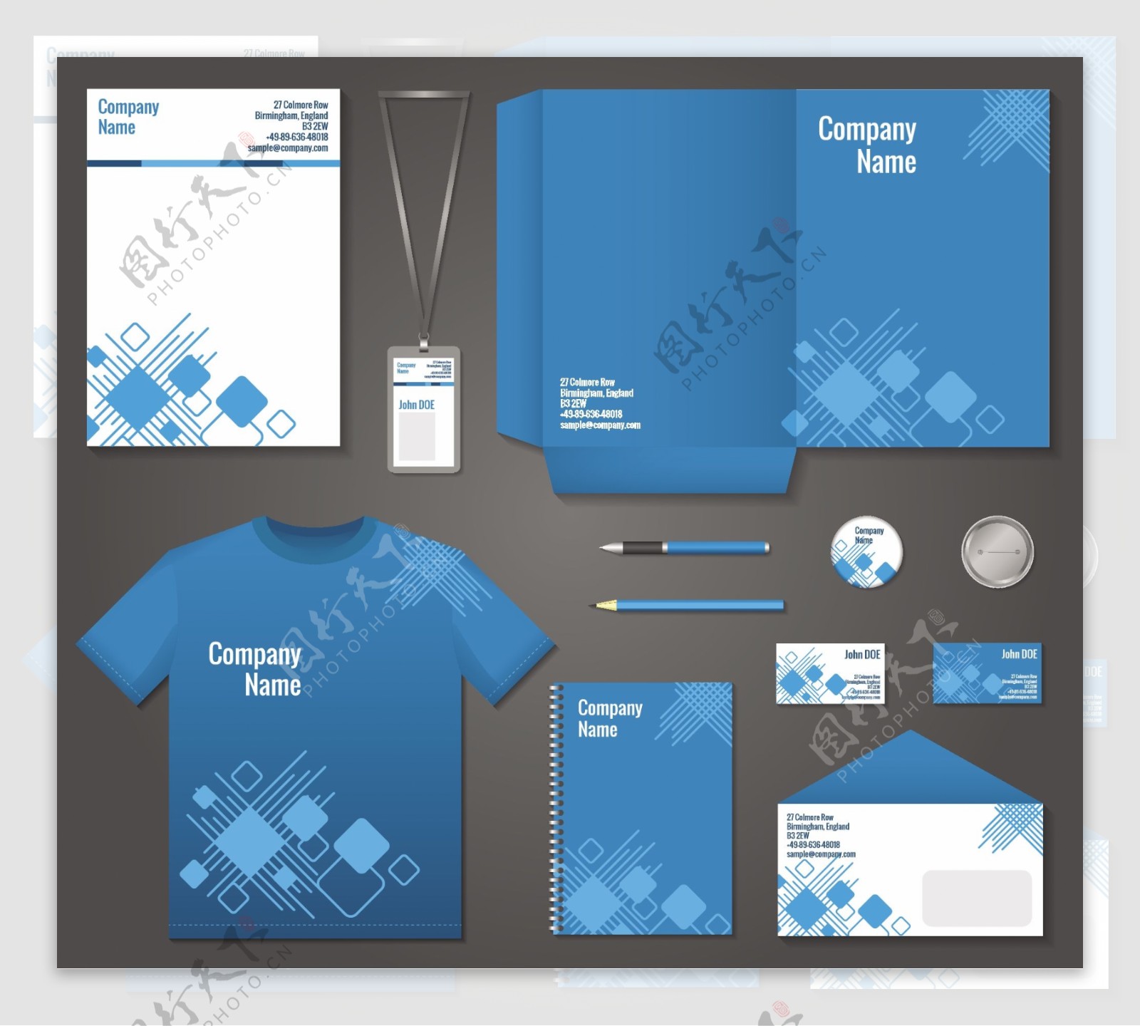 蓝色和白色几何技术企业文具模板为企业的身份和品牌设置矢量插图