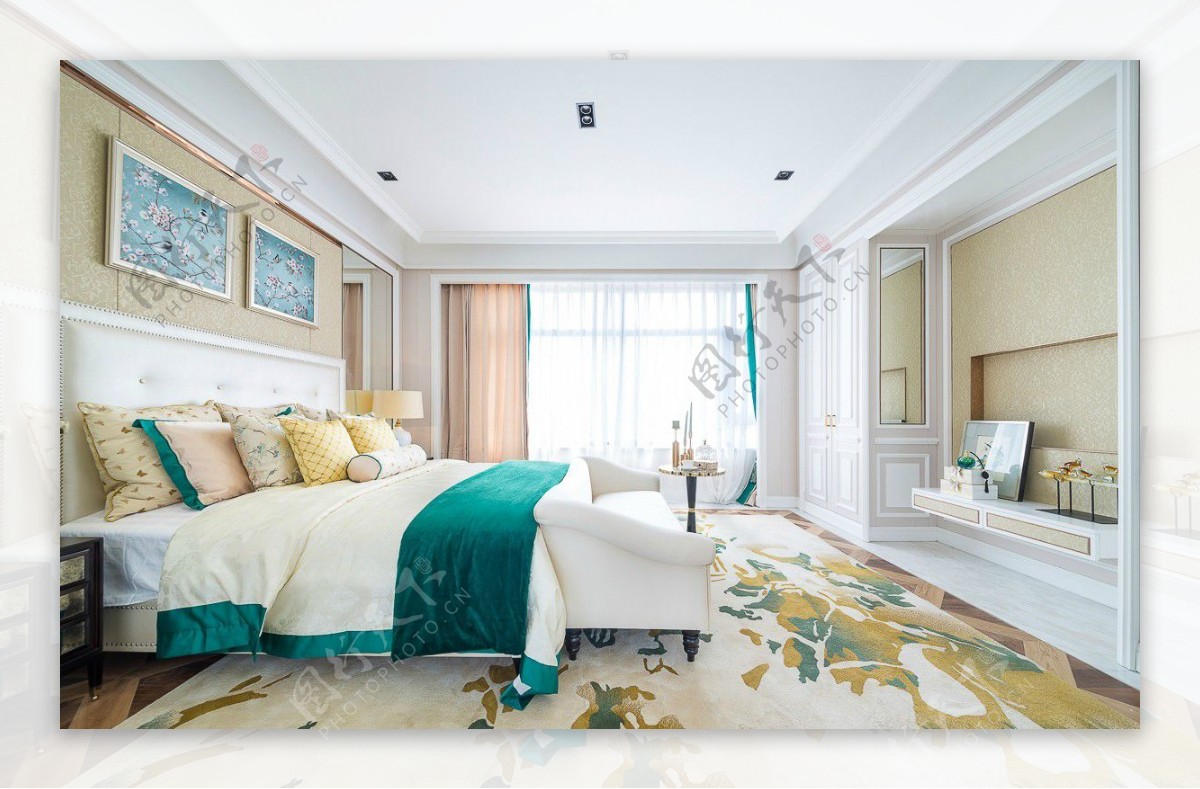 现代清新卧室宝绿色毯子室内装修效果图