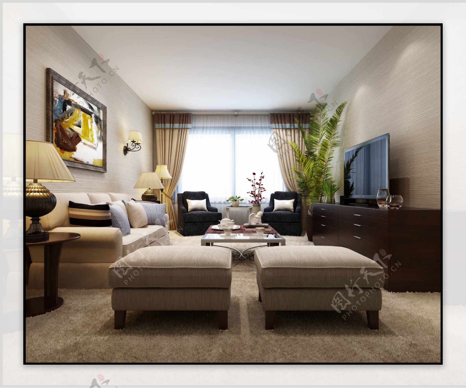 现代简约客厅沙发实景图