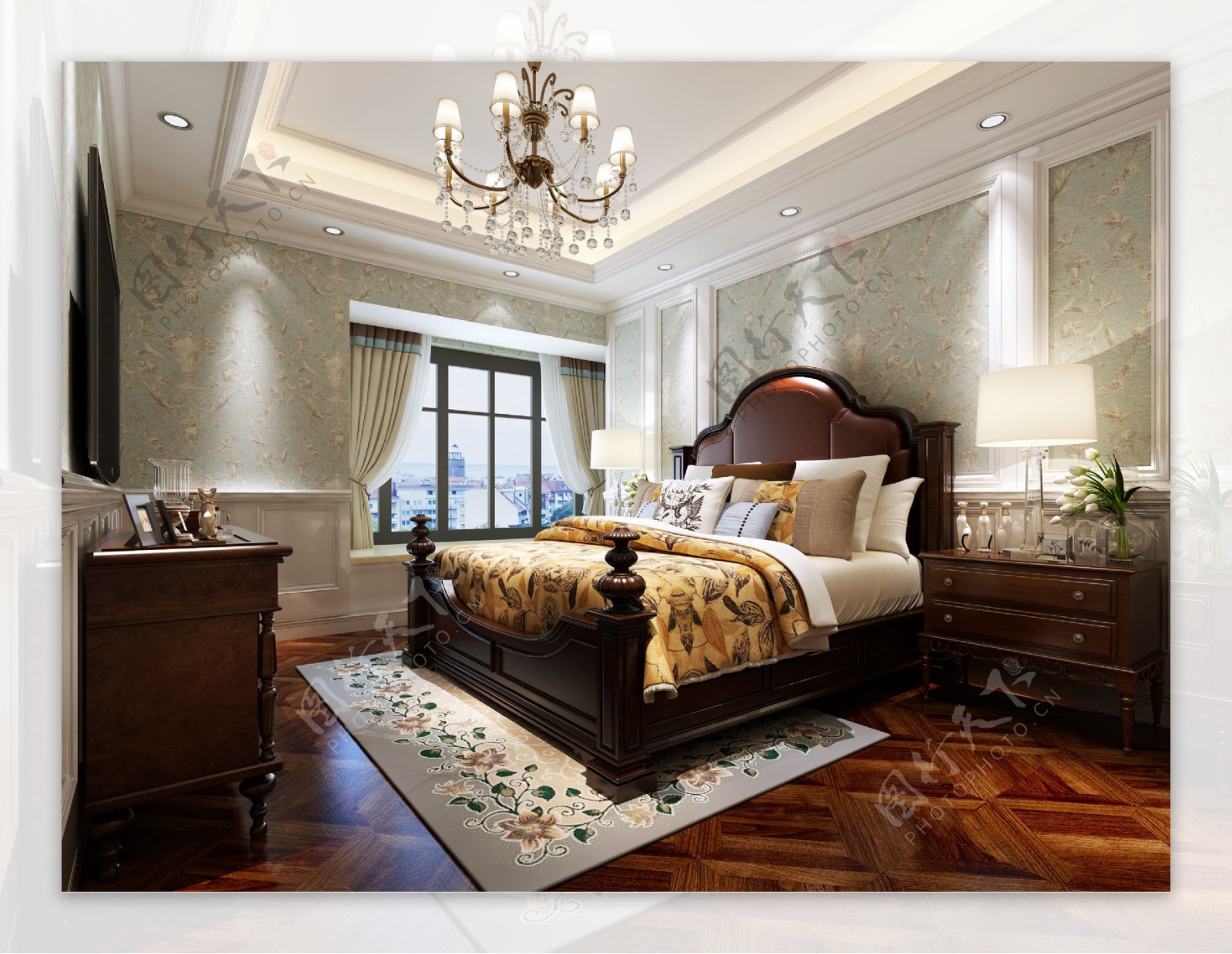 美式浅色花纹背景墙清新卧室室内装修效果图