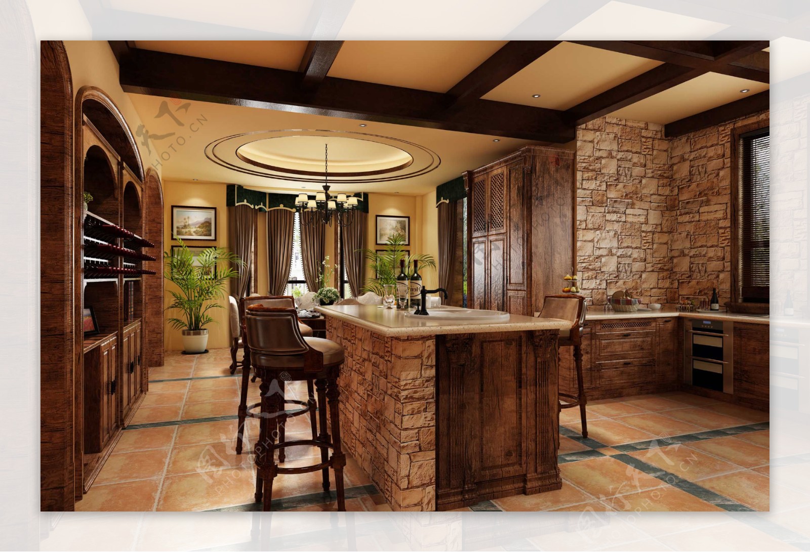 美式风格客厅褐色花纹背景墙室内装修效果图