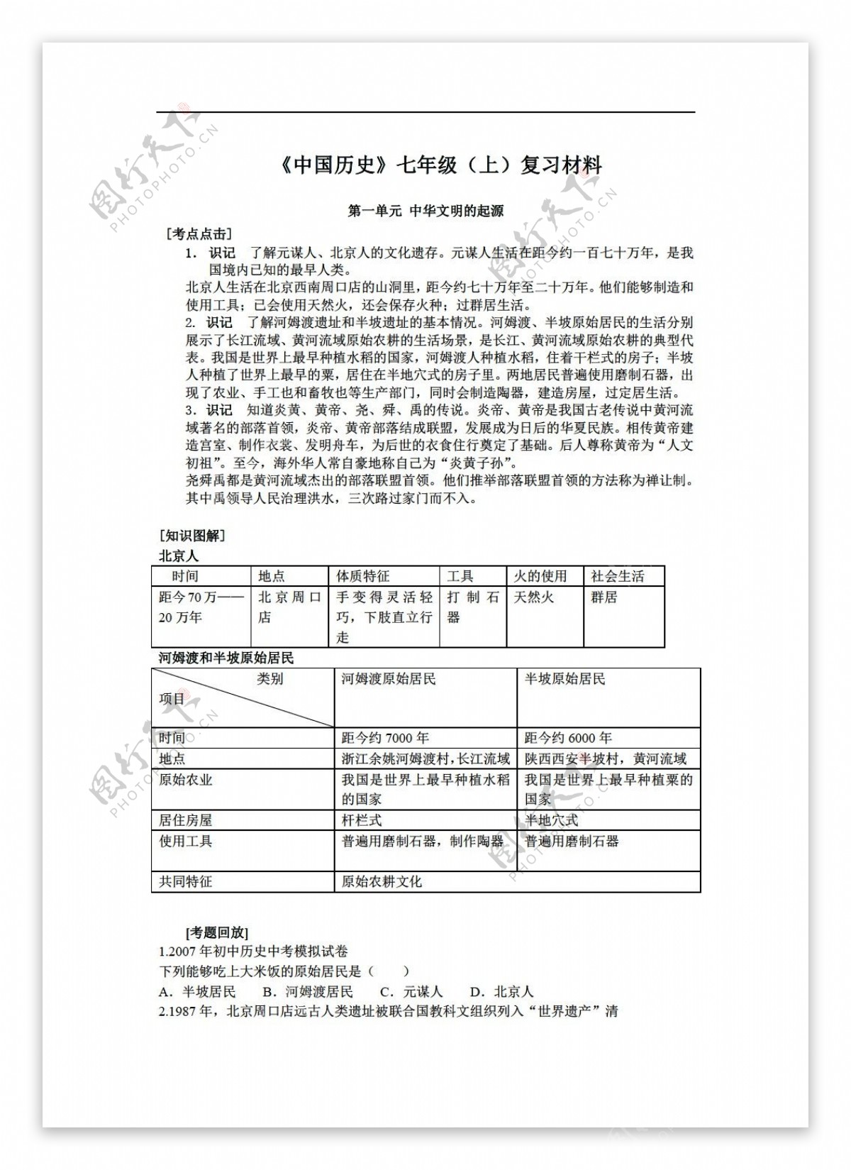 七年级上册历史中国七年级上复习材料