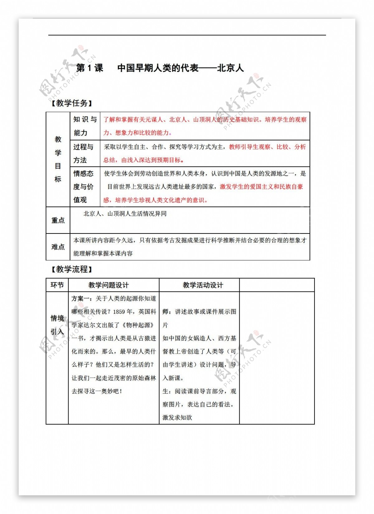 七年级上册历史第1课中国早期人类的代表北京人教案表格式