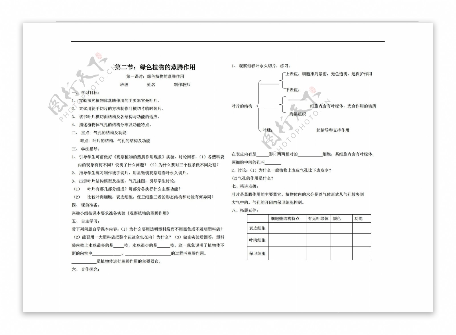 七年级上册生物第二节绿色植物的蒸腾作用