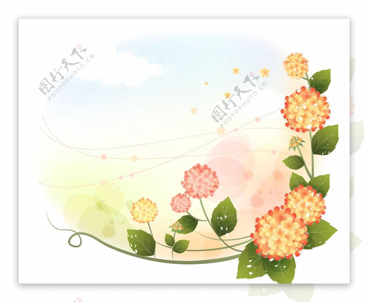 梦幻球形花朵藤蔓边框背景素材