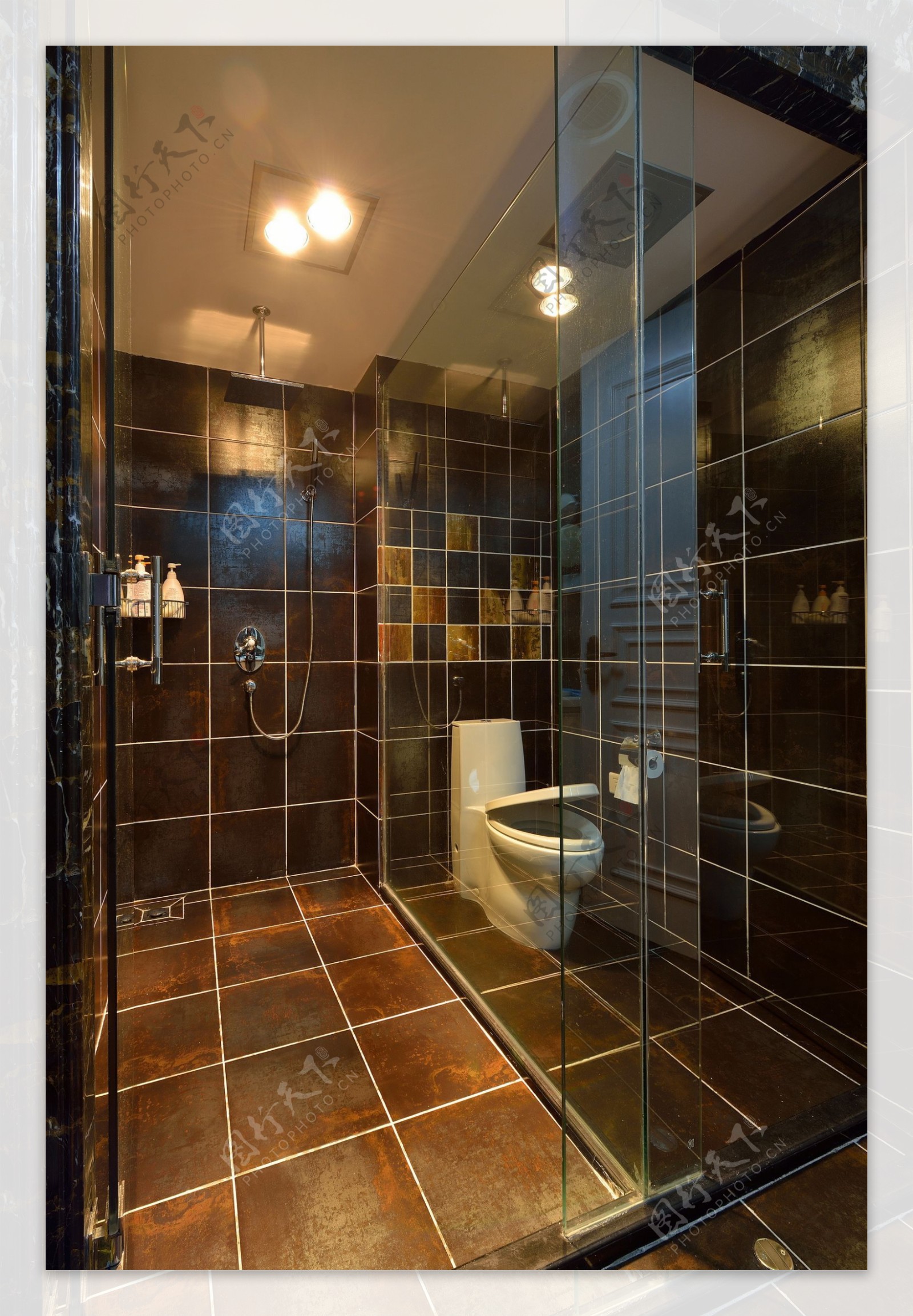 现代轻奢浴室亮褐色格子地板室内装修效果图