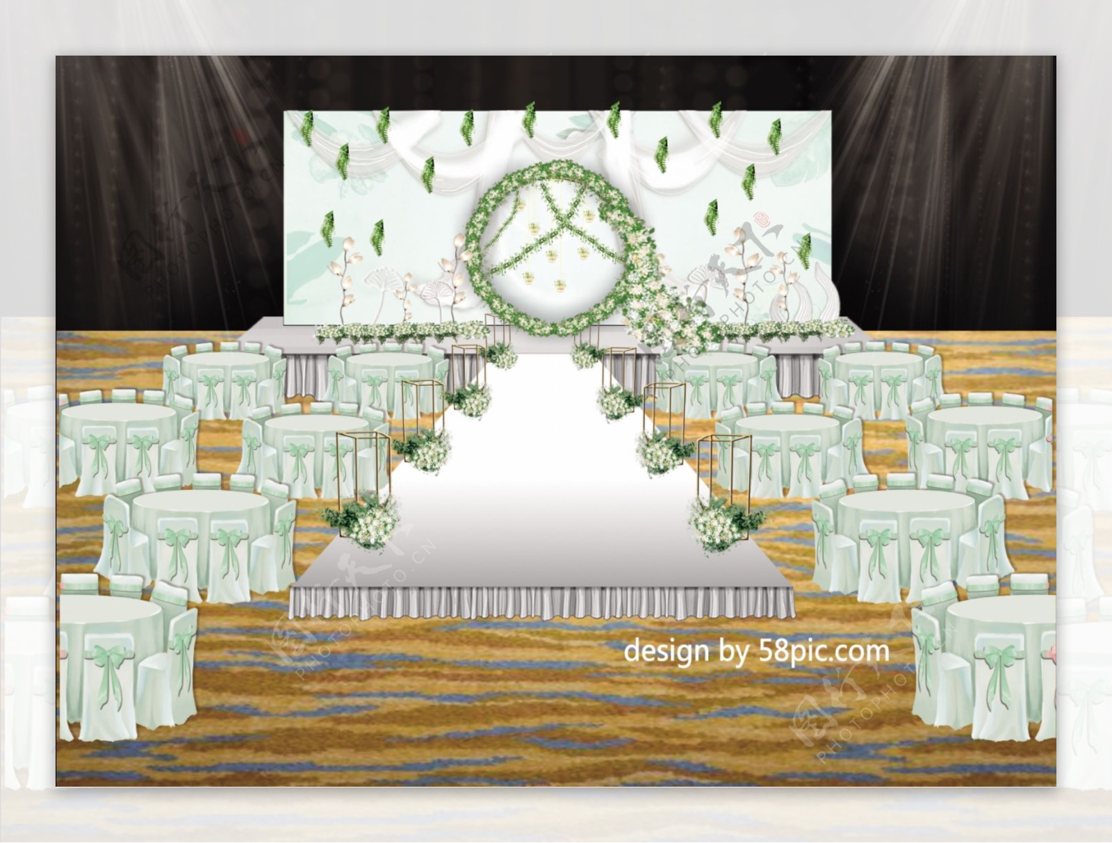 室内设计小清新白绿色婚礼舞台psd效果图