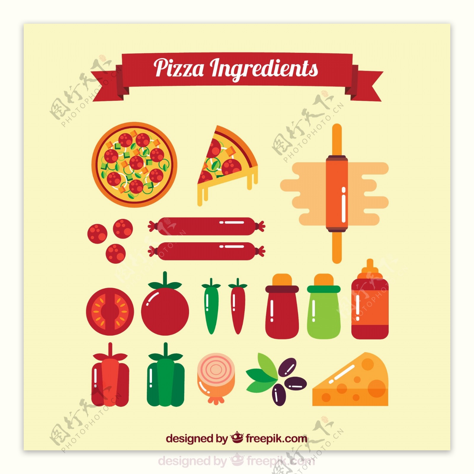 17款扁平化意大利披萨原料矢量图
