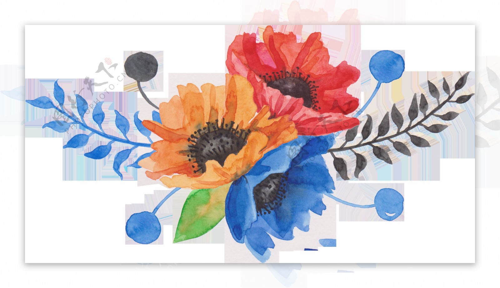三原色花朵卡通透明装饰素材