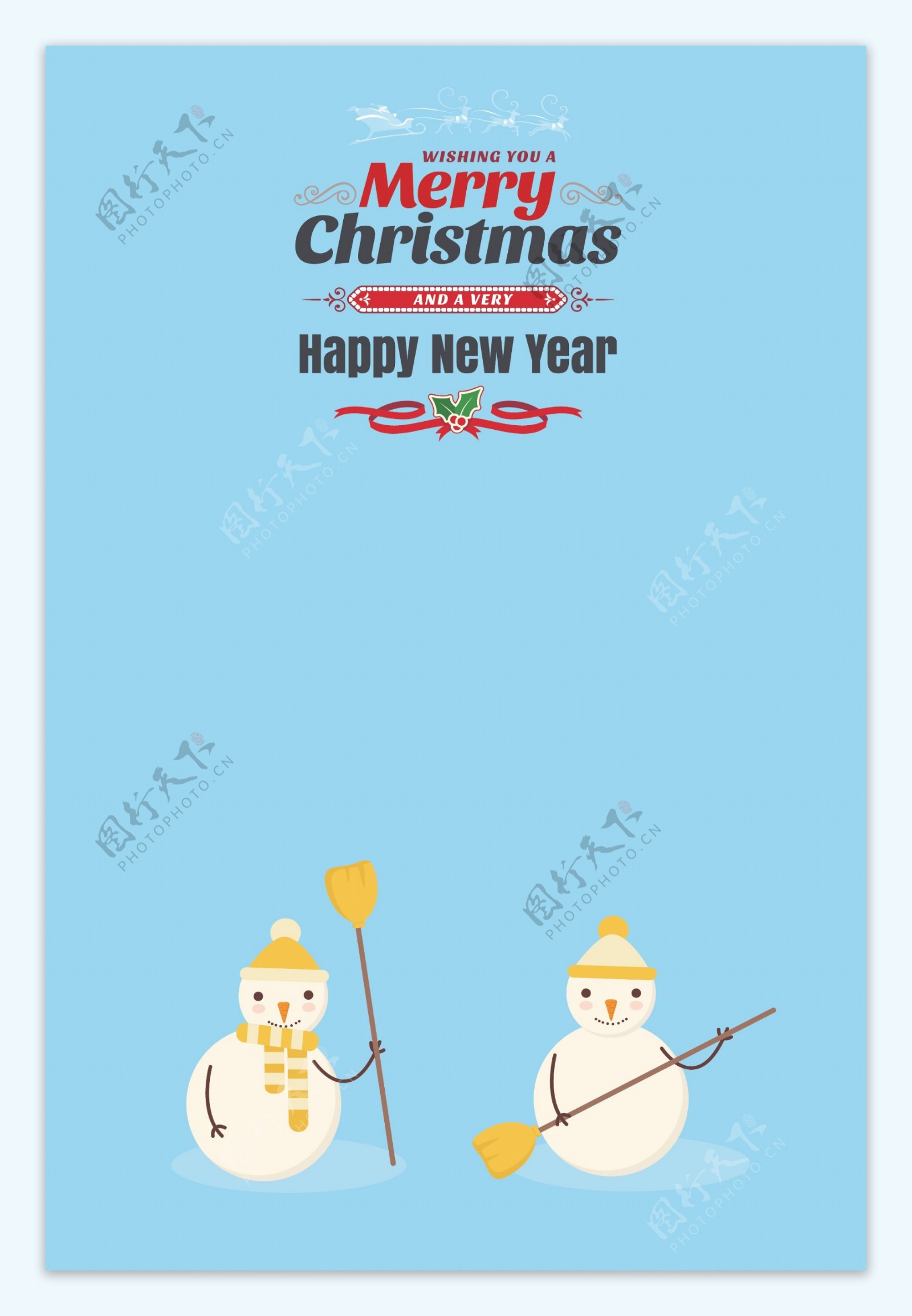 蓝色圣诞艺术字标题扫帚雪人海报背景