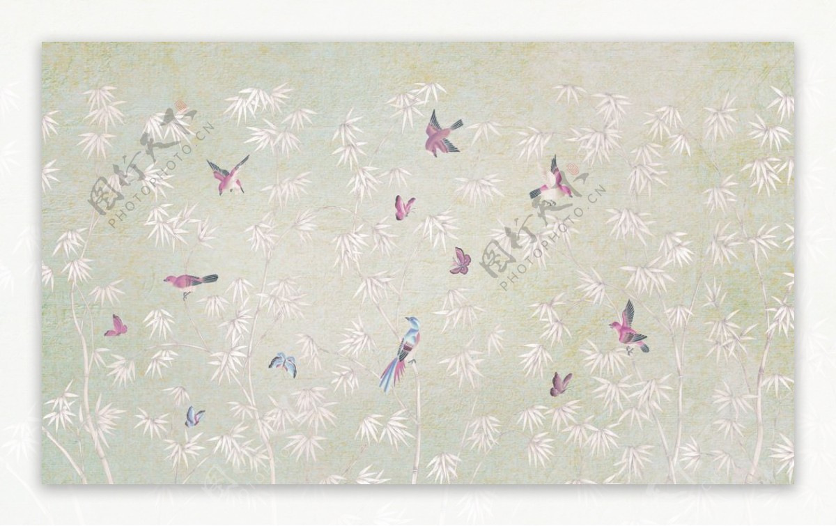 中式复古工笔竹子花鸟图背景
