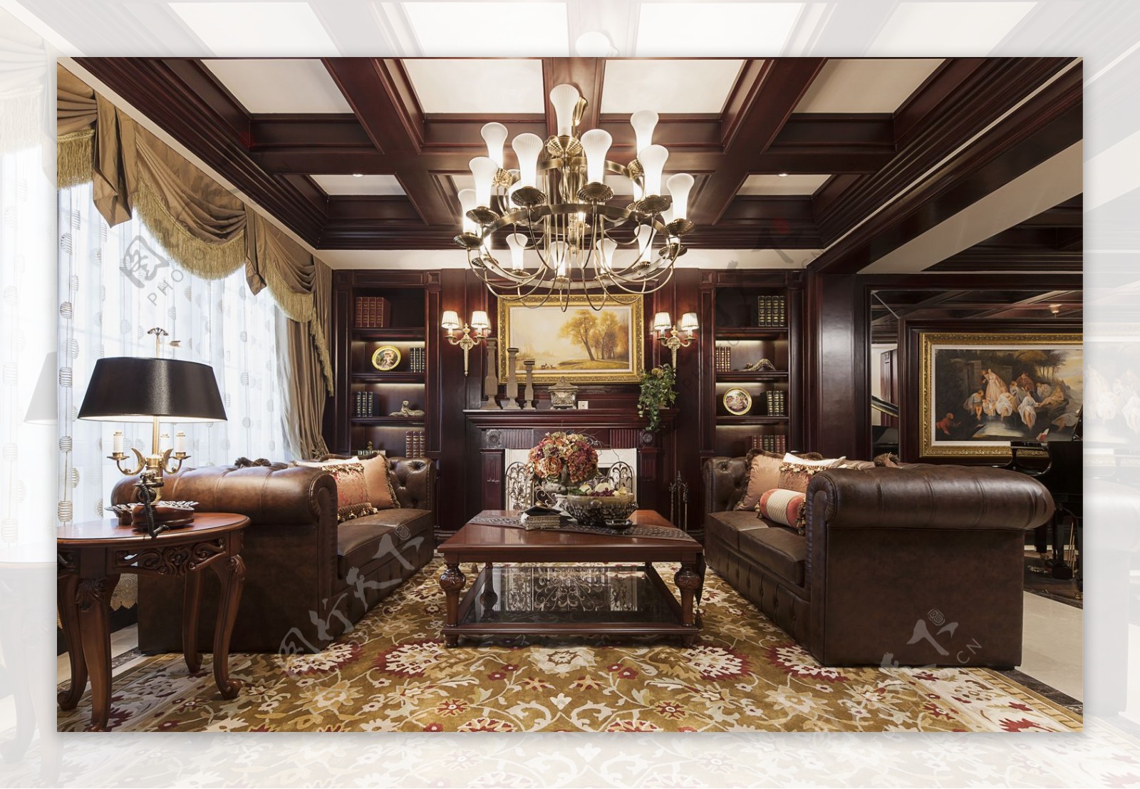 中式轻奢客厅褐色沙发室内装修效果图