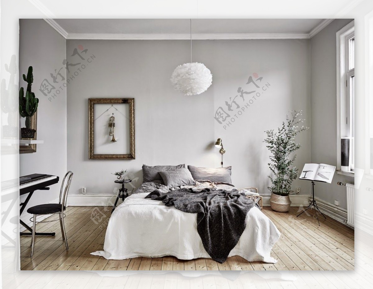 北欧文艺卧室灰色背景墙室内装修效果图