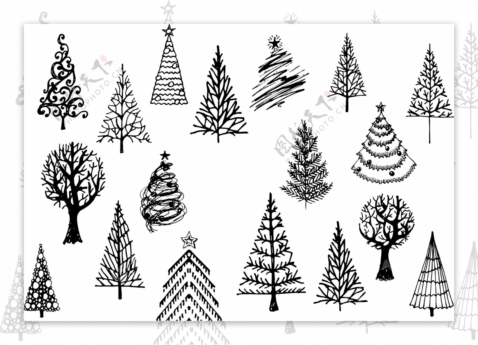 手绘黑白圣诞树元素