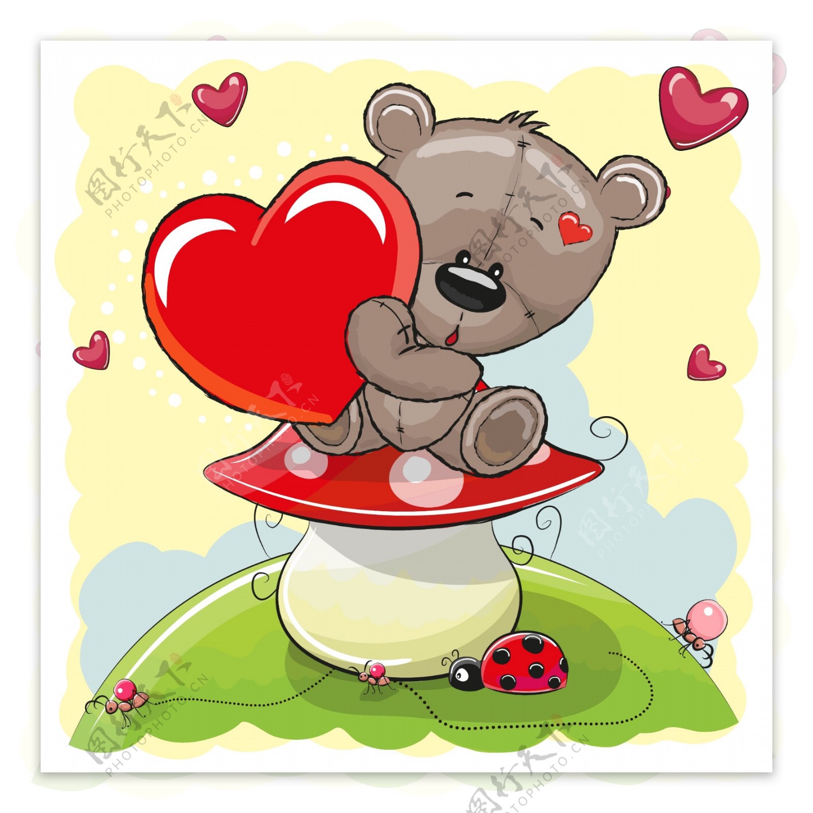 卡通坐在蘑菇上的泰迪熊矢量图