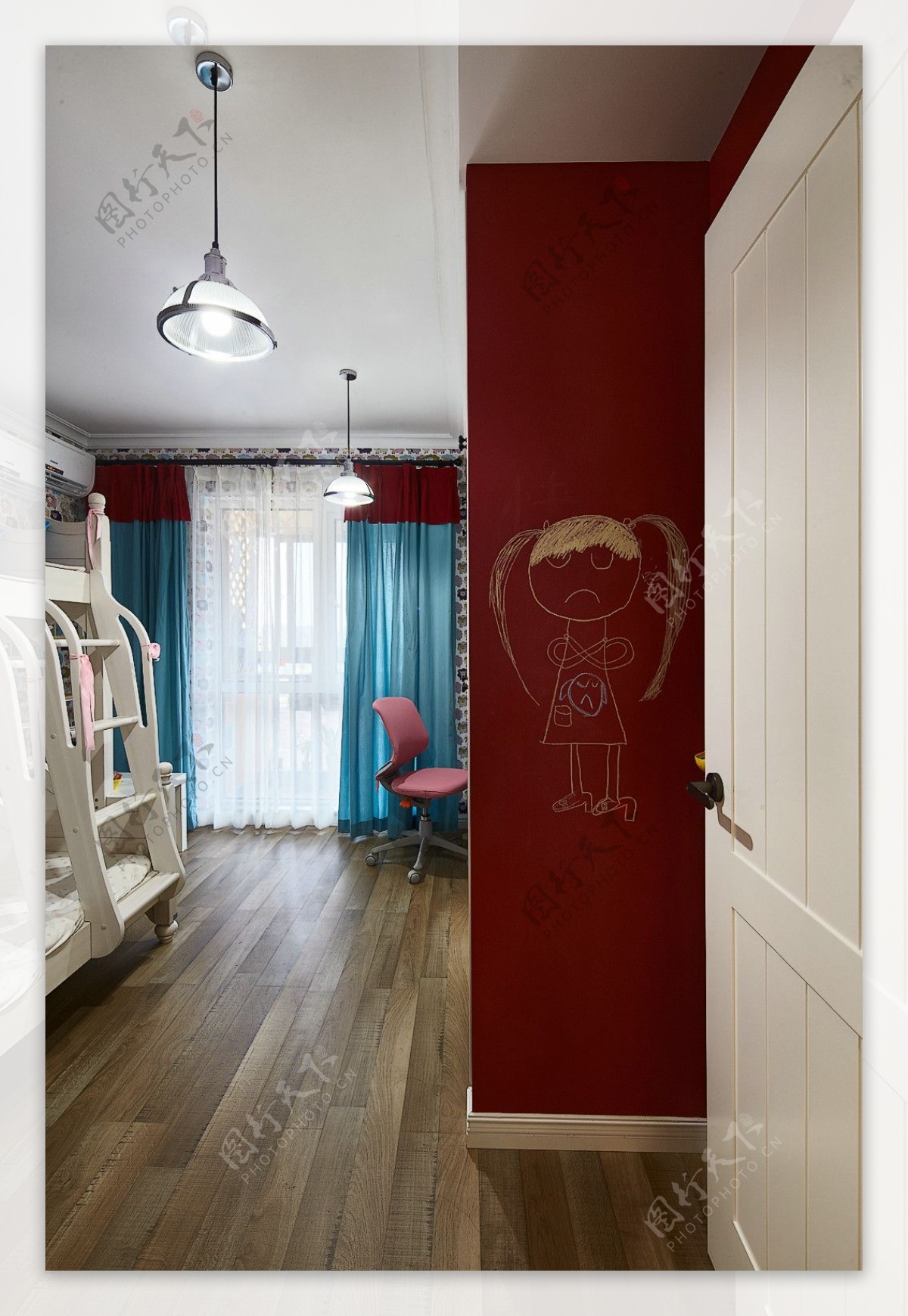 现代可爱风格卧室深红色花纹背景墙室内装修
