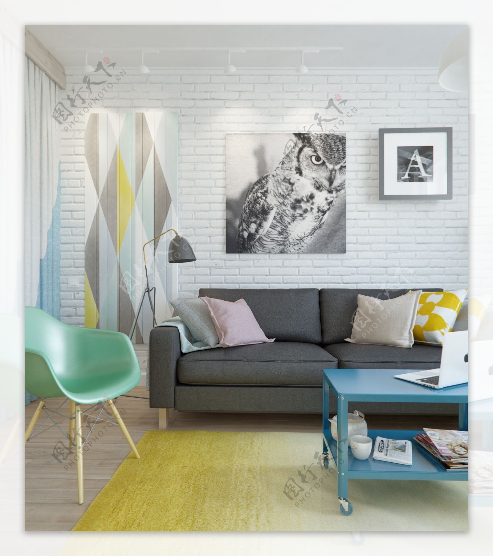 现代时尚客厅绿色椅子室内装修效果图
