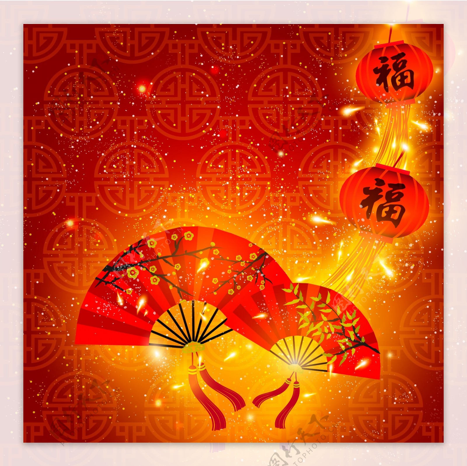 矢量中国风春节新年灯笼折扇背景