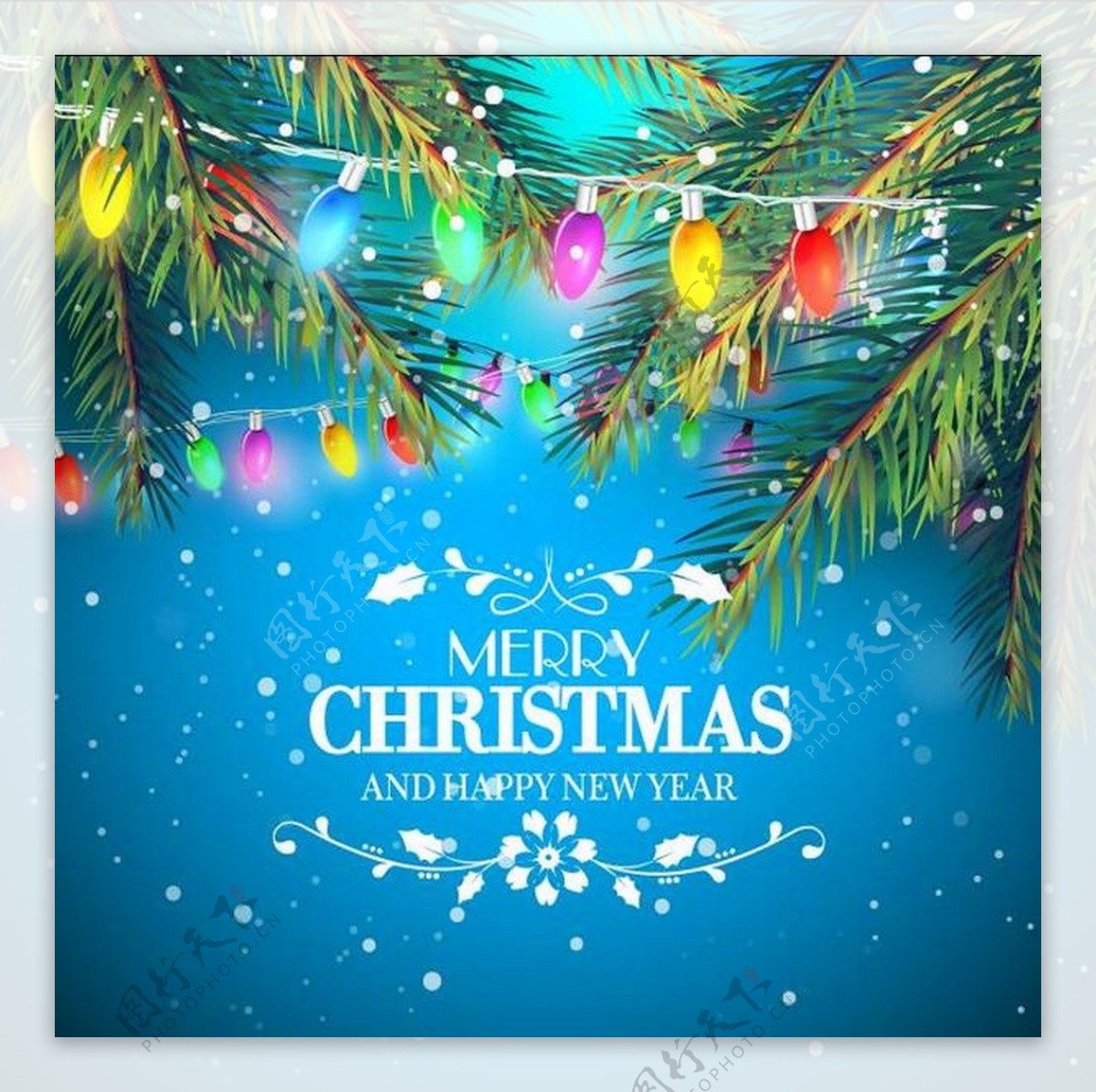冷杉树与灯泡的圣诞背景矢量海报