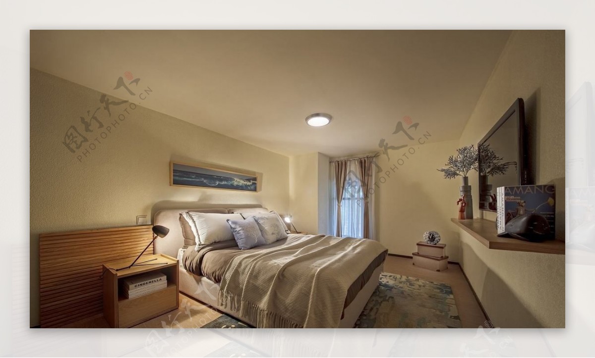 现代时尚卧室杏色背景墙室内装修效果图