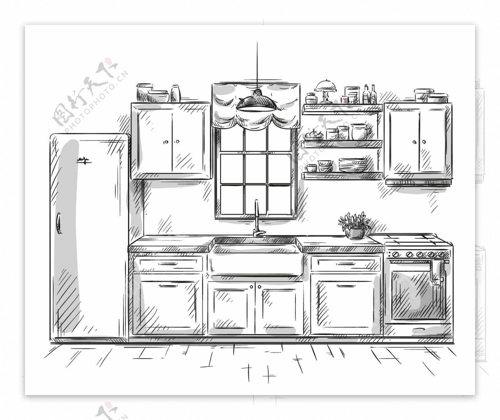 黑白手绘家具厨柜插画