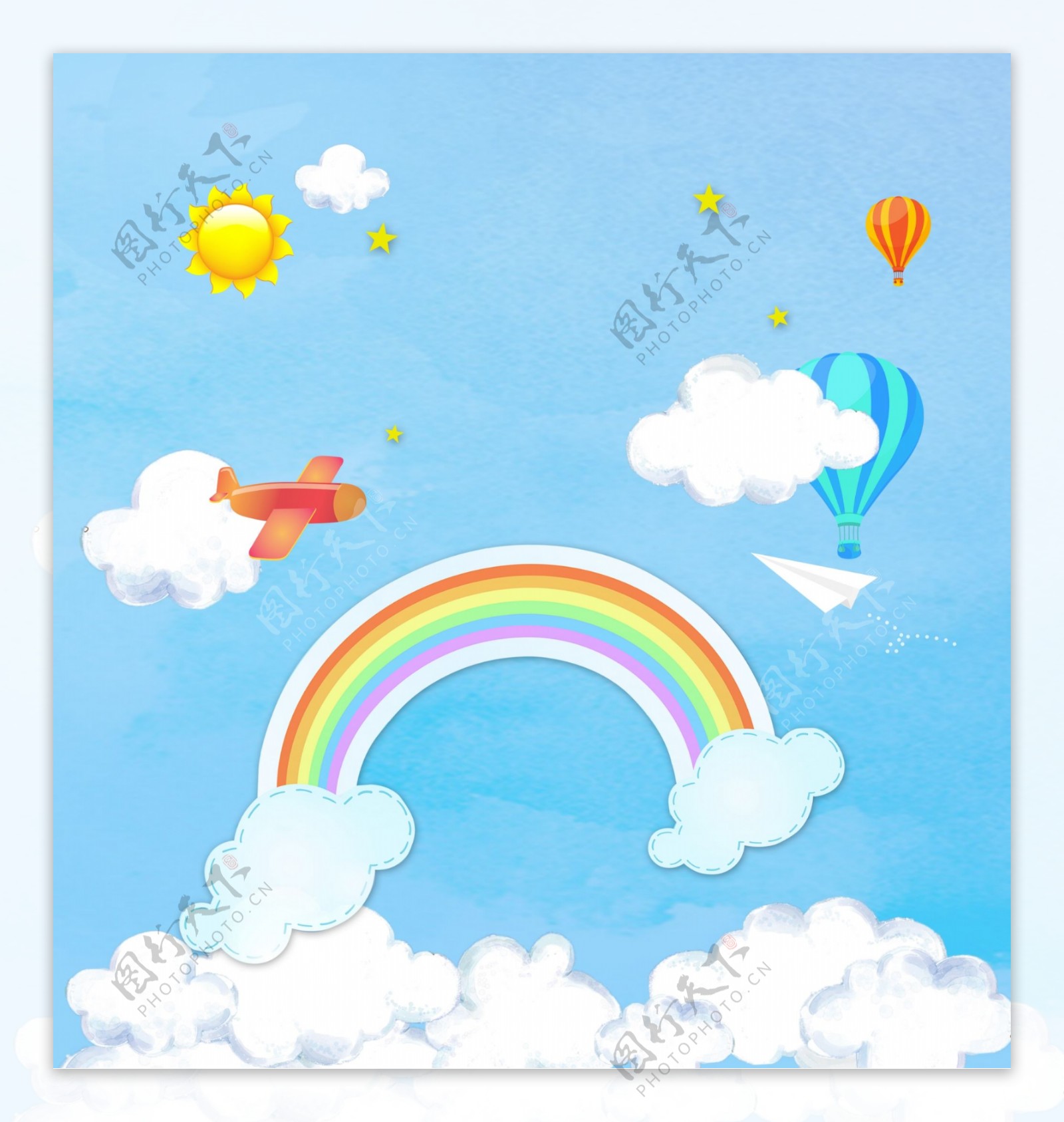 蓝色背景彩虹热气球宝宝宴迎宾主背景