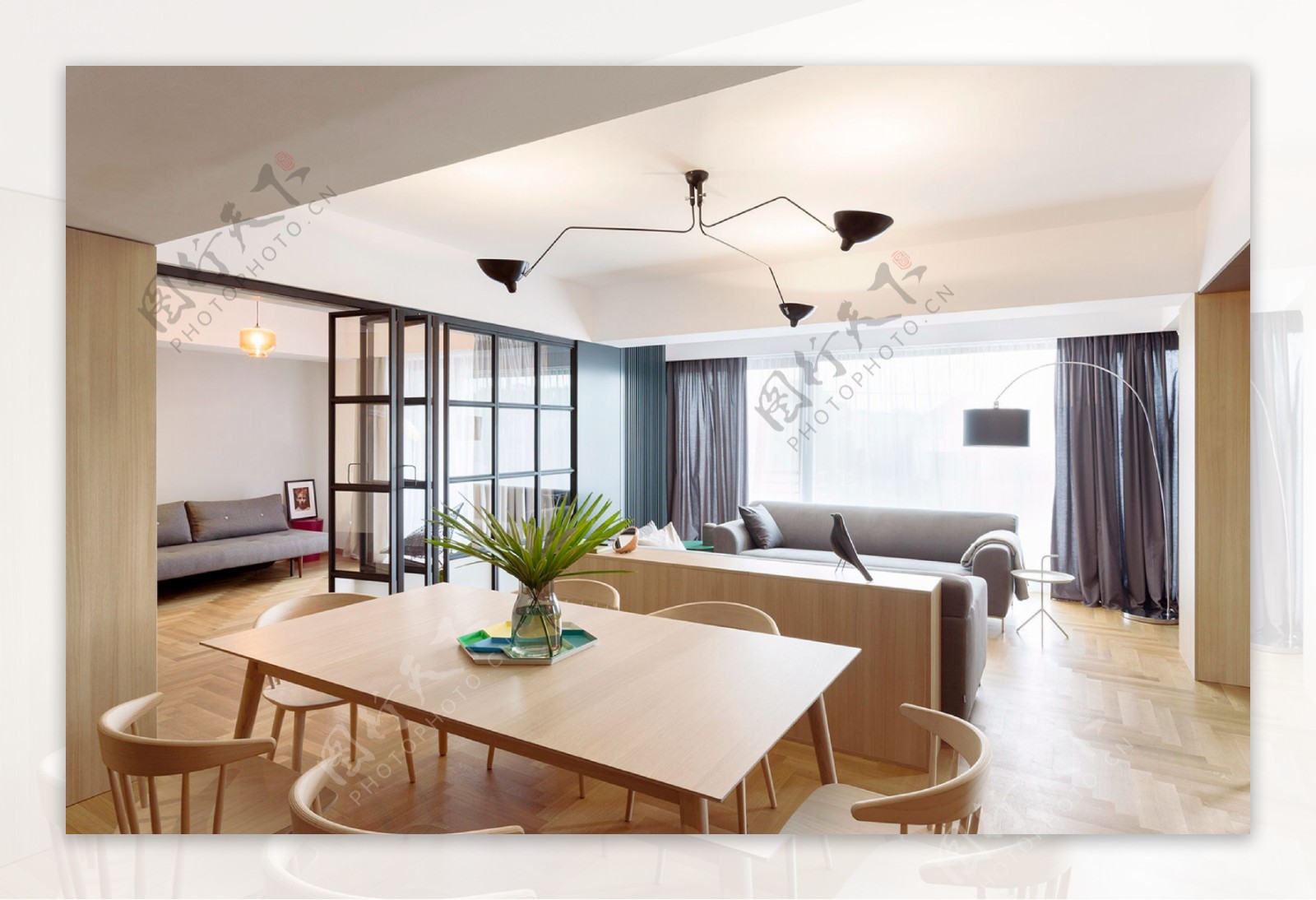 现代简约客厅木材方形餐桌室内装修效果图
