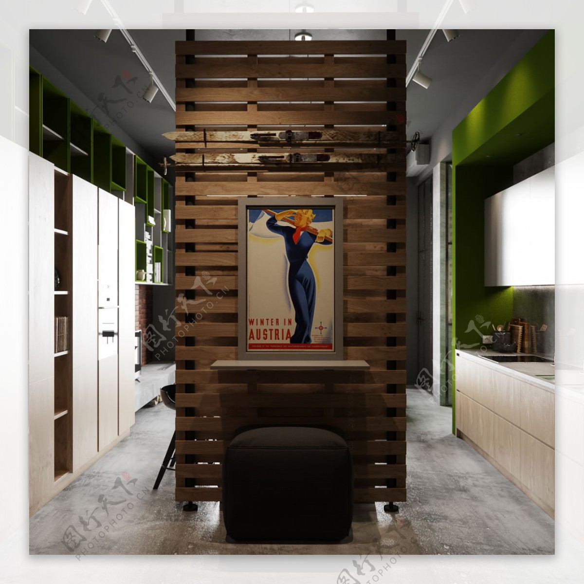 现代时尚客厅木条隔断室内装修效果图