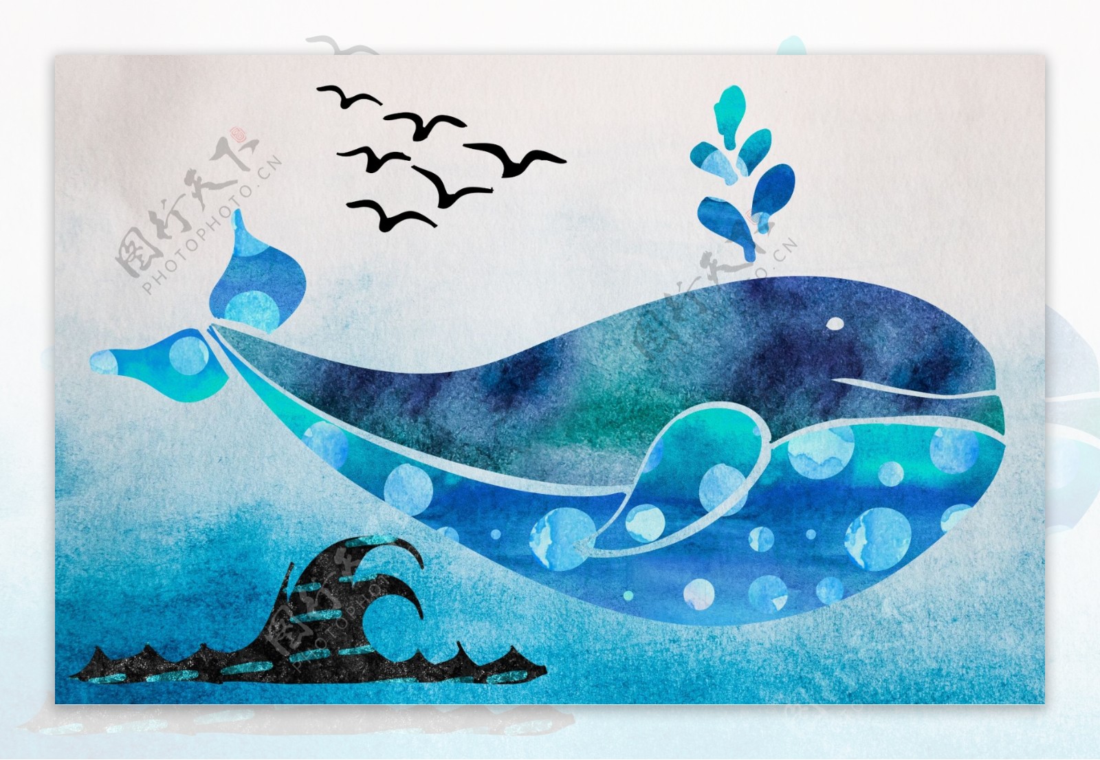 色彩缤纷鲜艳的鲸鱼海装饰画PSD模板